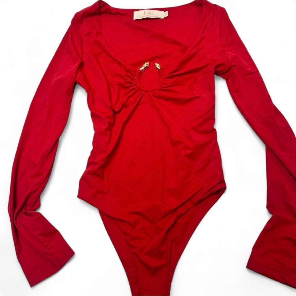 Lizette Collection Red long sleeve bodysuit gold embellishments flared size M